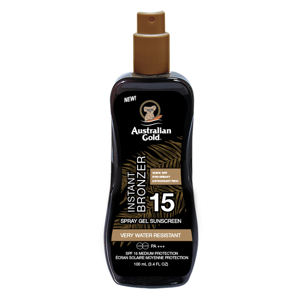 Spray Gels effetto bronze con fattore di protezione solare dalla texture leggera e a rapido assorbimento, contenente una piccola quantità di Natural Bronzer. Gli Spray Gels SPF Australian Gold® con Instant Bronzer sono un prodotto innovativo che combina la praticità di uno spray con l'efficacia di una tradizionale lozione corpo. Ideali per chi ama i formati pratici senza rinunciare ad una protezione efficace. Idrata la pelle, dona un colorito temporaneo e un effetto glow immediato. Ideali per le primissime esposizioni al sole.